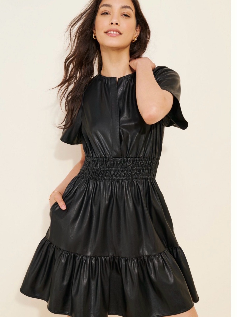 Anthropologie Somerset XXS Black Faux Leather Smocked Waist Dress